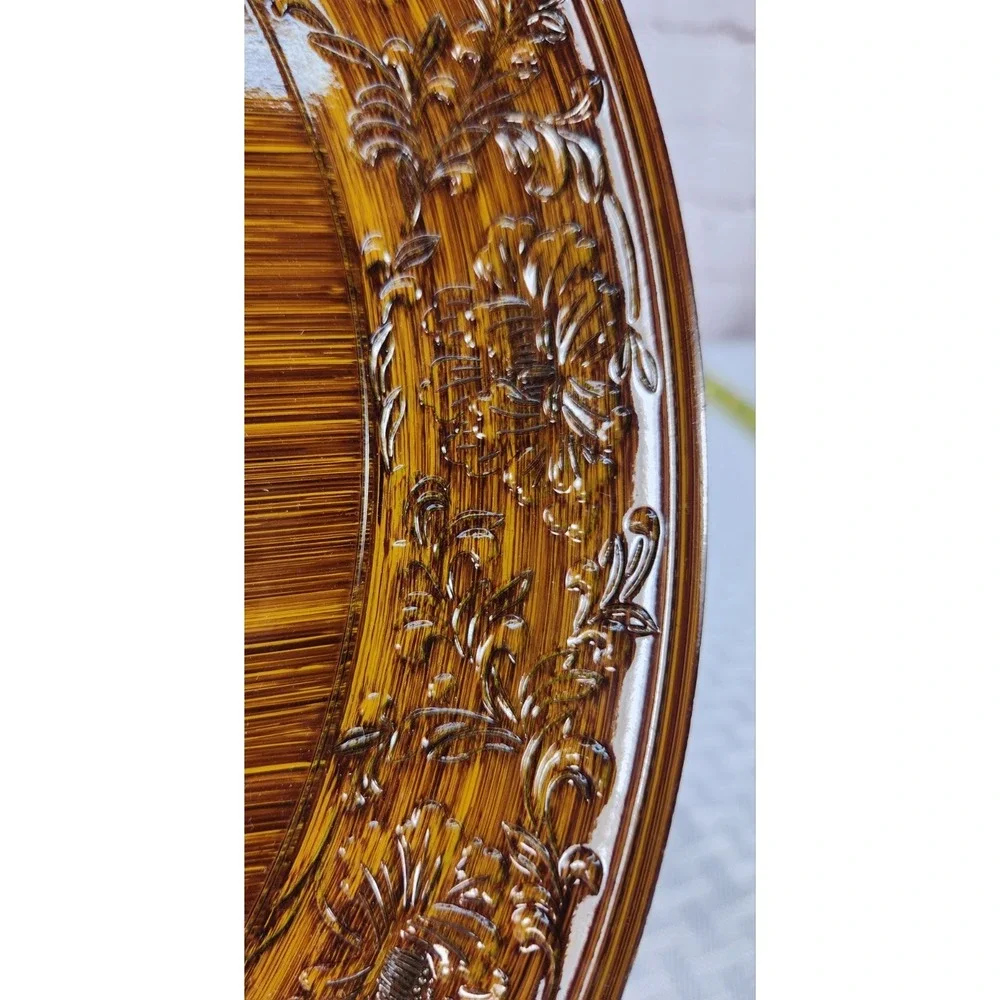 Vtg Japanese Floral Fan Round Plastic Wood Grain Lacquerware Serving Tray 13